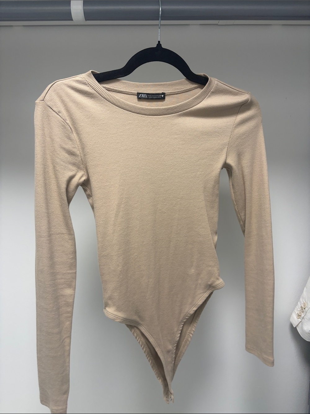 ZARA Beige Long-Sleeve Ribbed Bodysuit